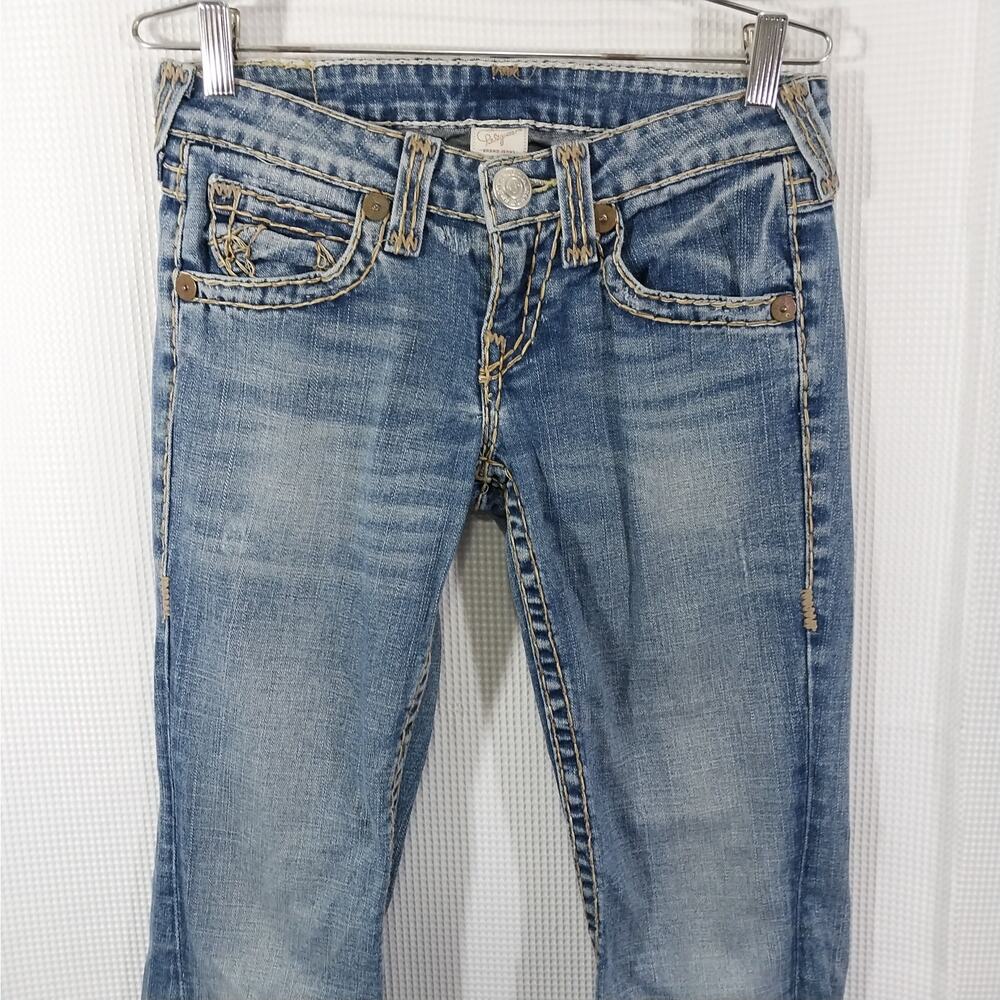 TRUE RELIGION! AWESOME BLUE FADE DENIM, CONTRAST STITCH FLAP POCKET JEANS!SZ 4/6 - Picture 4 of 16